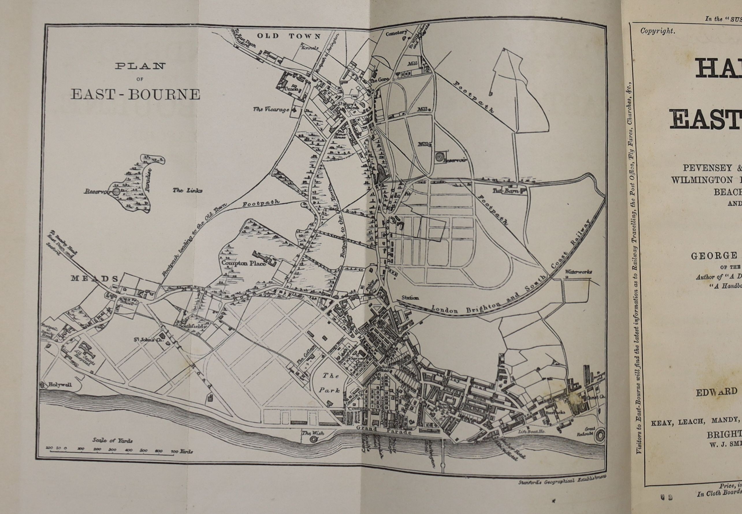 Eastbourne interest - Eddison, Edwin - The Guide to Eastbourne, 12mo, cloth, library stamps, frontis map torn and with loss, nd; Chambers, George F. - A Handbook for East-Bourne, Seaford…..10th edition, 12mo, green cloth